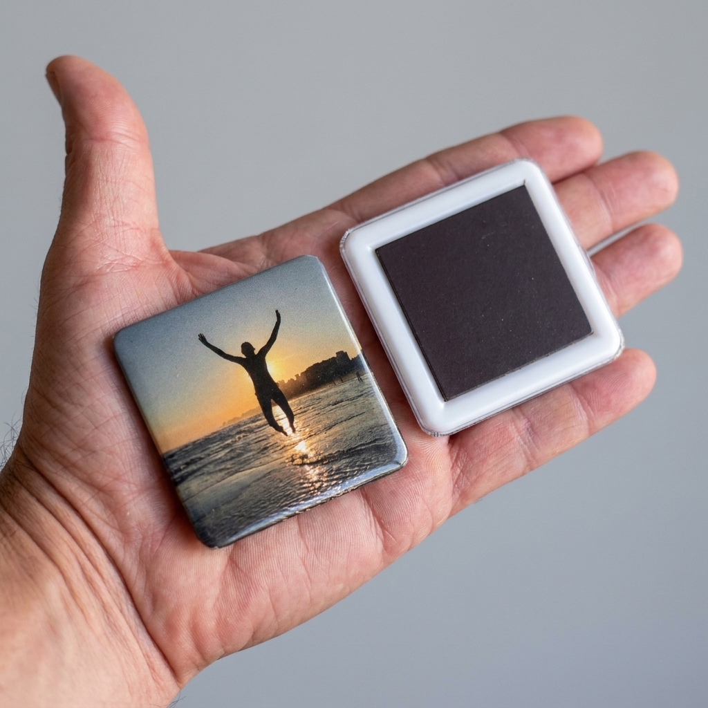 Mão segurando dois ímãs quadrados 5x5cm, um com foto de pessoa pulando ao pôr do sol e outro mostrando o verso magnético