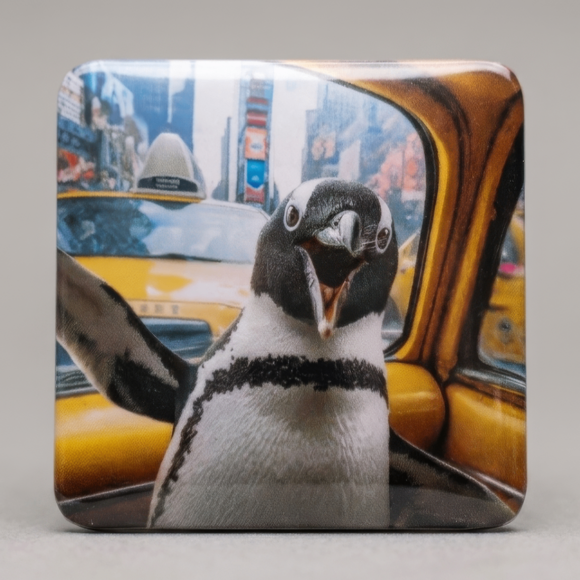 Ímã com foto divertida de pinguim posando em frente a táxi amarelo em Nova York